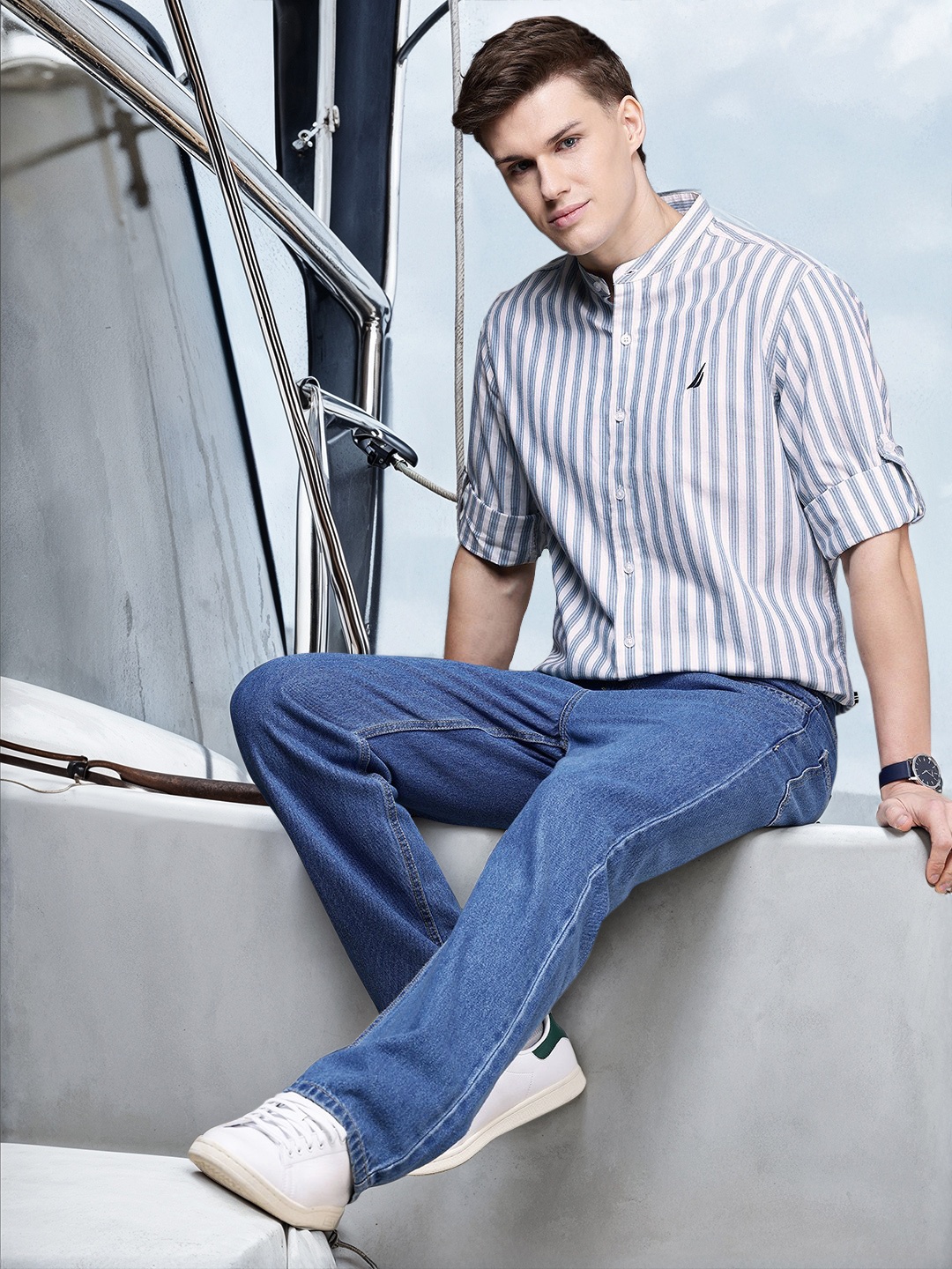 

Nautica Men Premium Slim Fit Striped Pure Cotton Casual Shirt, White