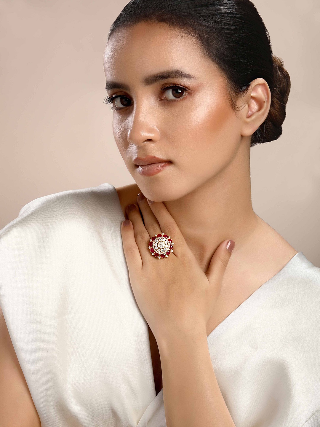 

Sica Jewellery Sterling Silver Gold Plated Kundan Stone Studded Finger Ring