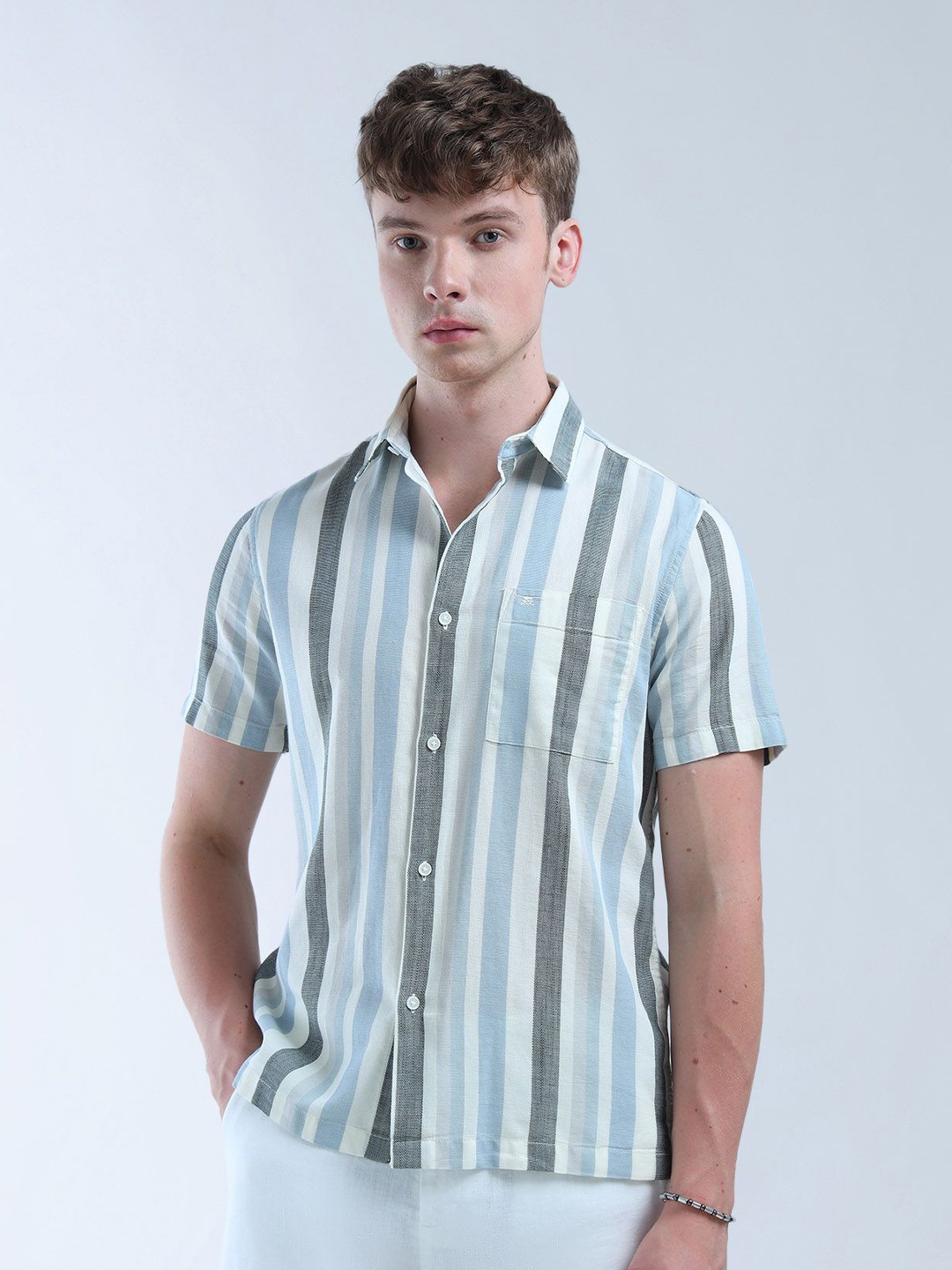 

Flying Machine Men Classic Opaque Striped Casual Shirt, Blue