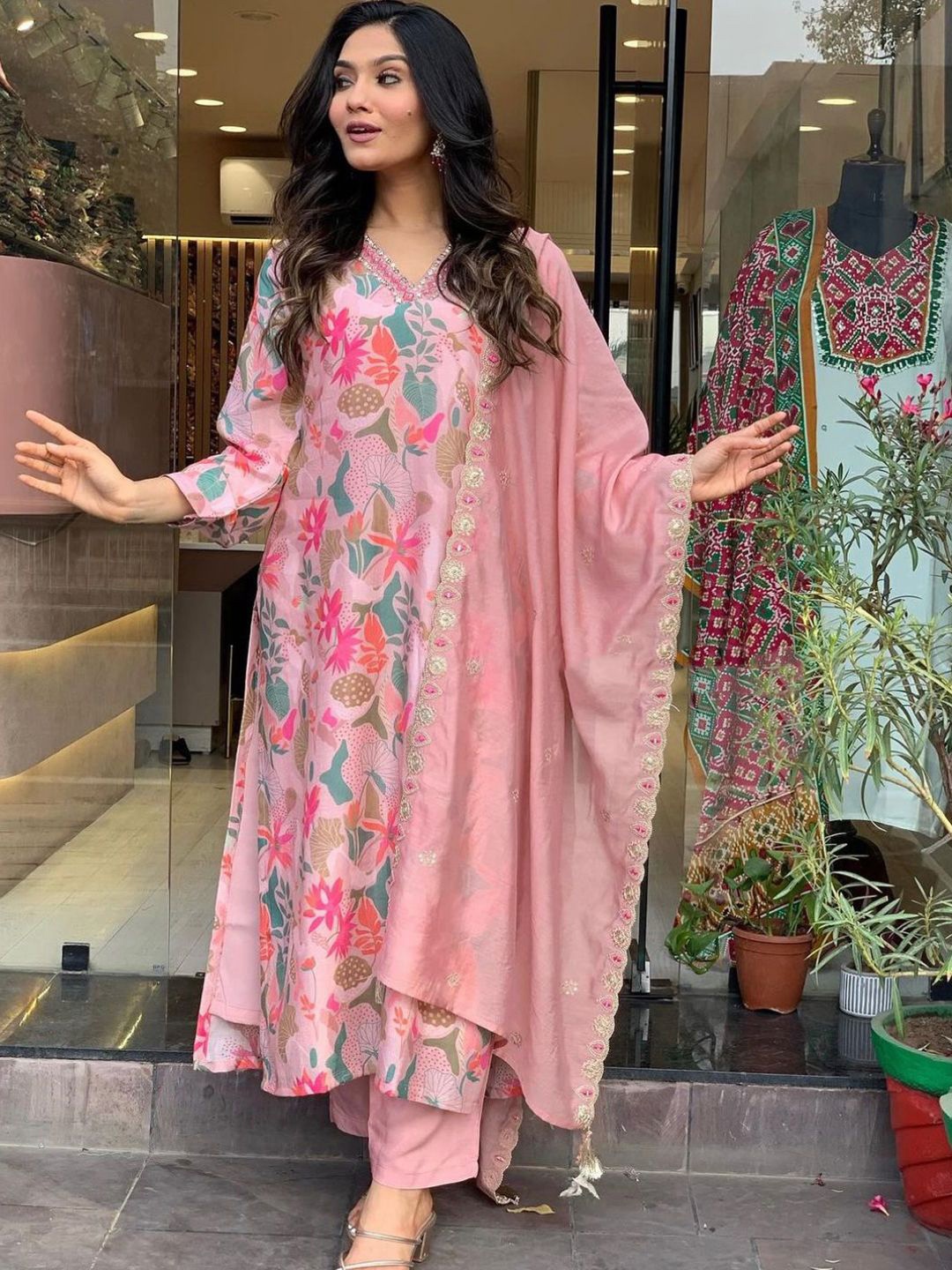

Bhavyam Women Floral Printed Regular Kurta with Trousers & With Dupatta, Peach