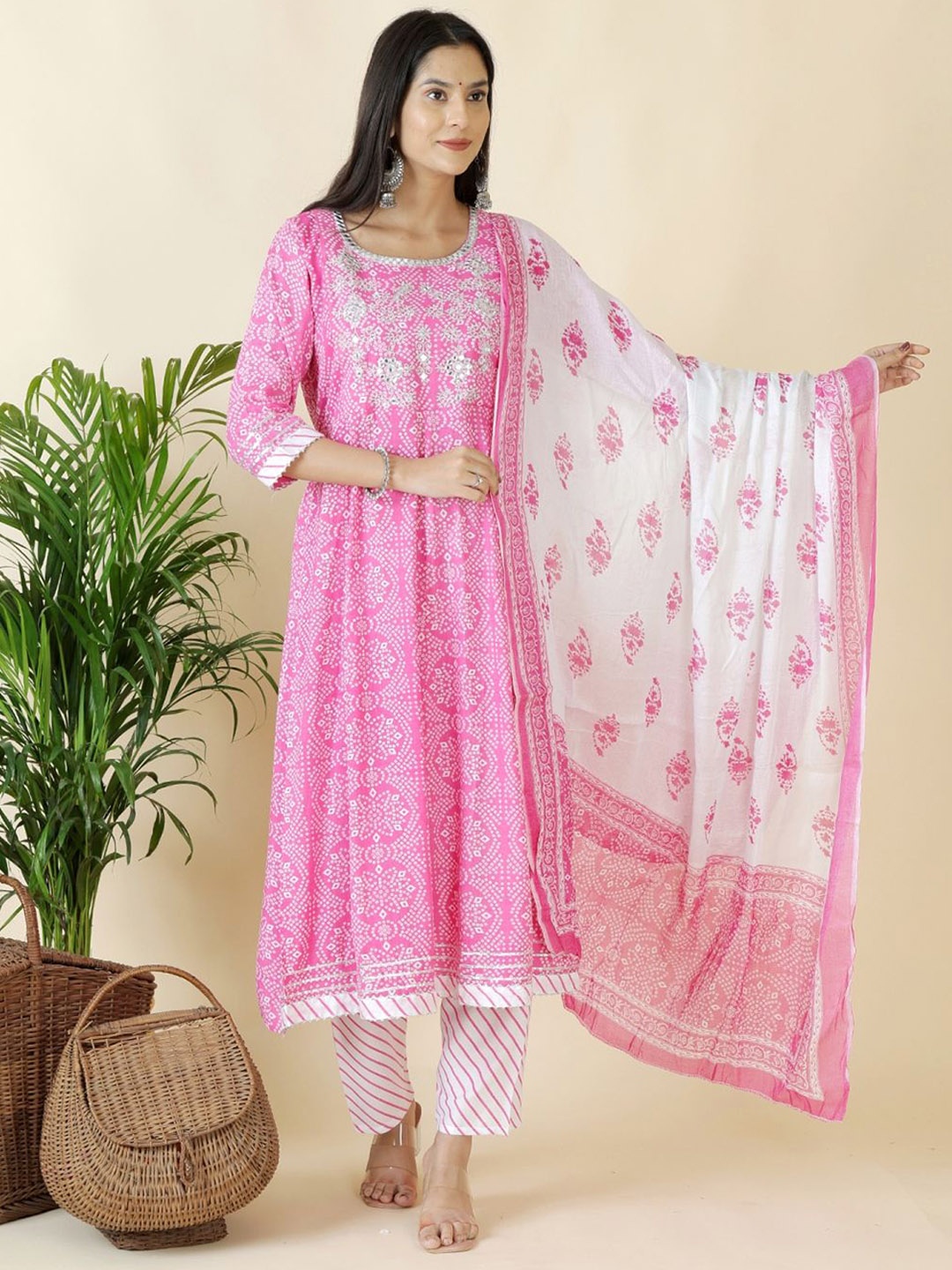 

Moda Rapido Women Bandhani Printed Regular Thread Work Kurta with Trousers & With Dupatta, Pink