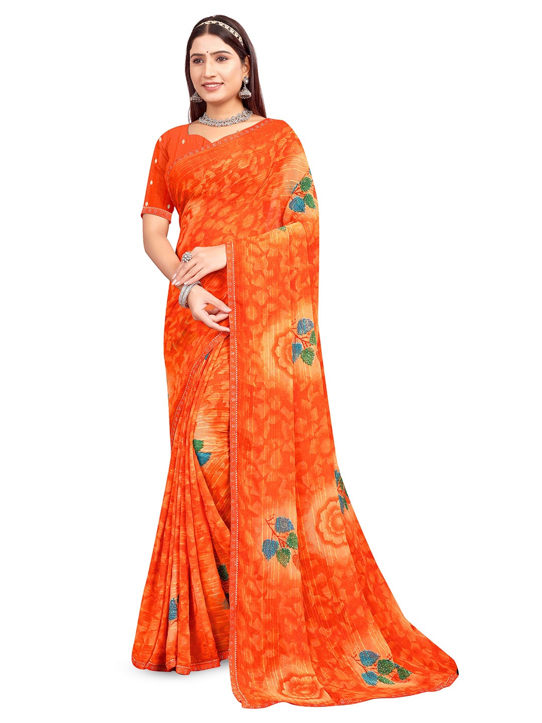 

shree krishna fashion Ethnic Motifs Beads and Stones Art Silk Saree, Orange