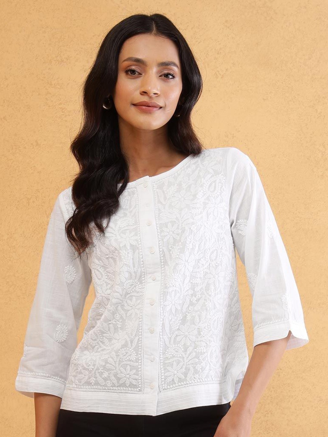 

Fabindia Embroidered Bell Sleeve Cotton Top, White