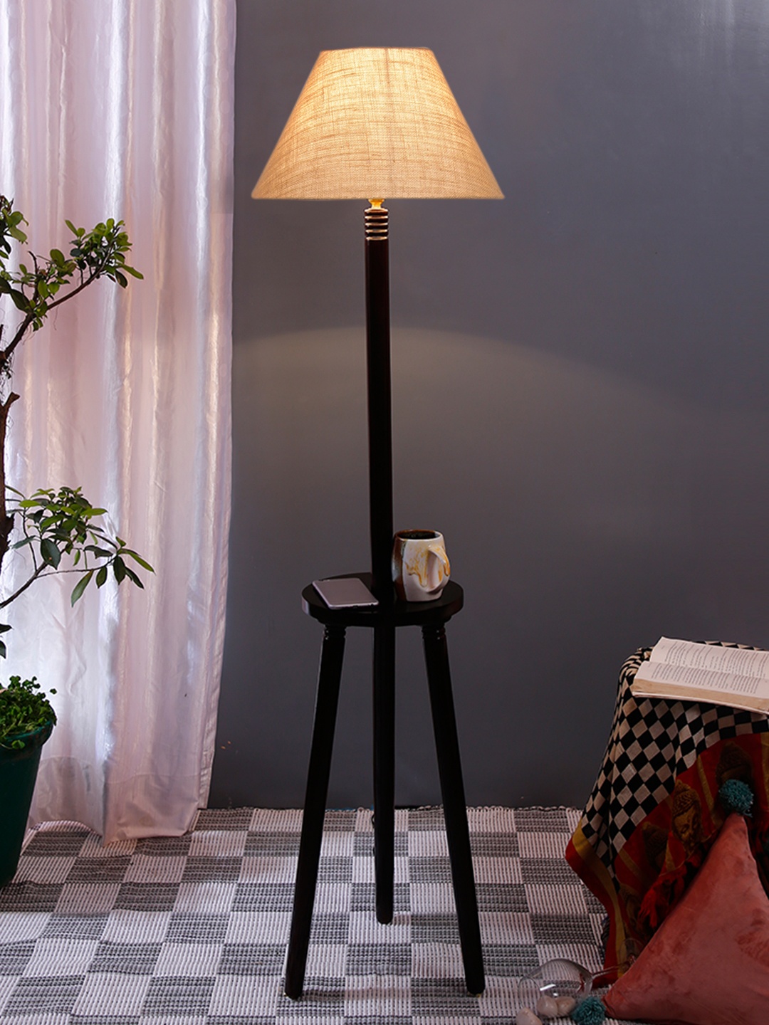 

Devansh Brown & Beige Frustrum Shaped Jute Wooden Floor Lamp With Shelf