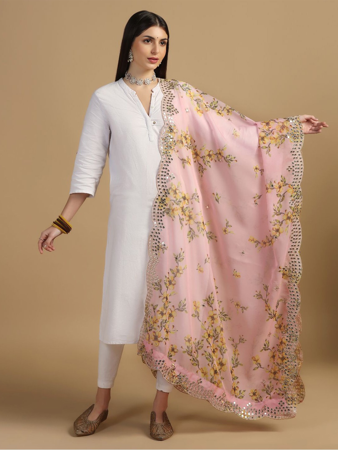 

Kaizen TEXO FAB Printed Organza Dupatta with Mirror Work, Peach