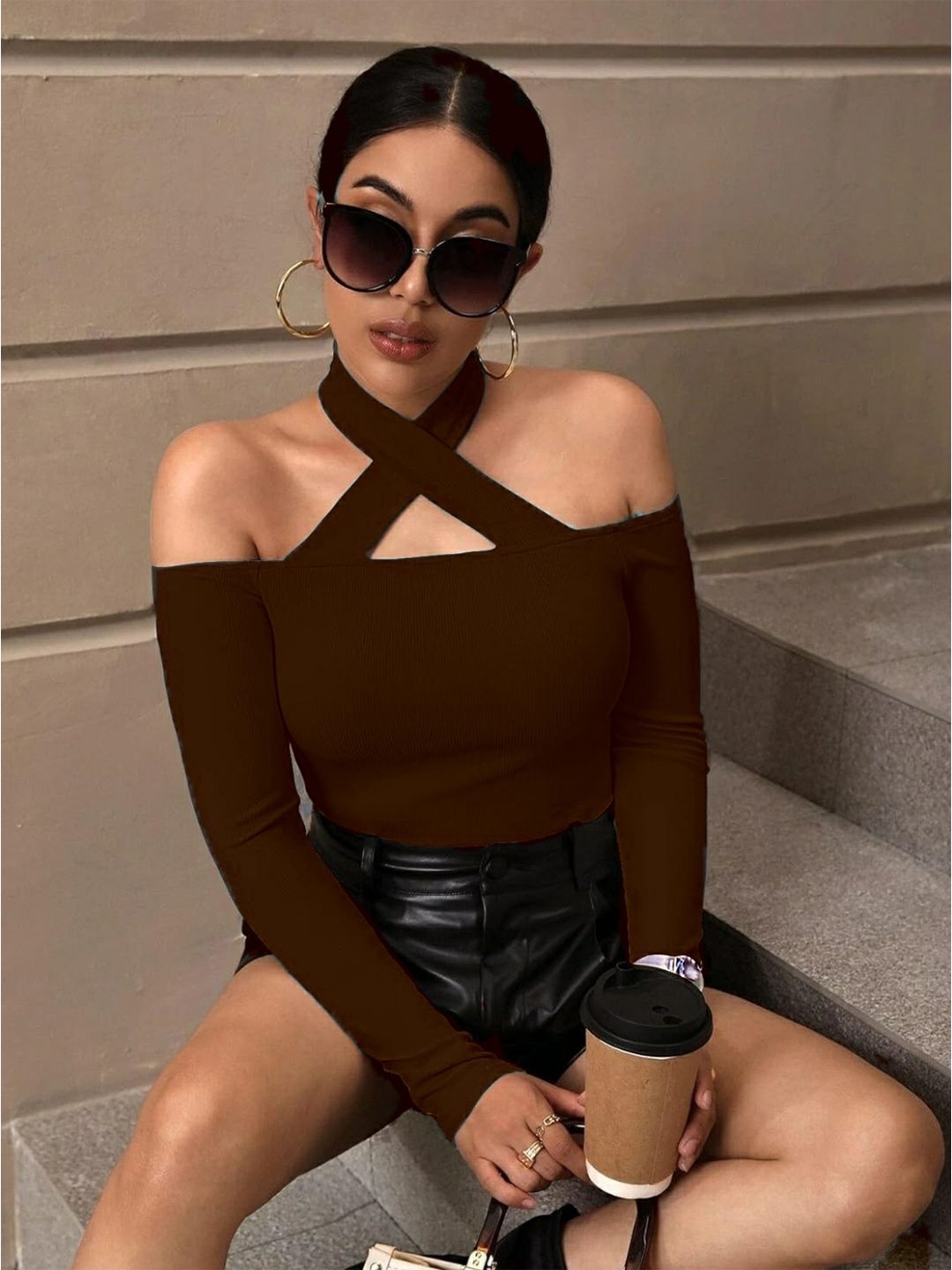 

TRENDY ERA Halter Neck Cotton Crop Top, Brown