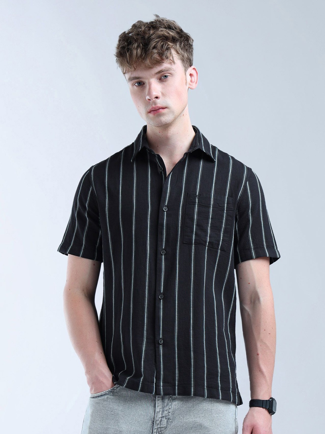 

Flying Machine Men Classic Opaque Striped Casual Shirt, Black