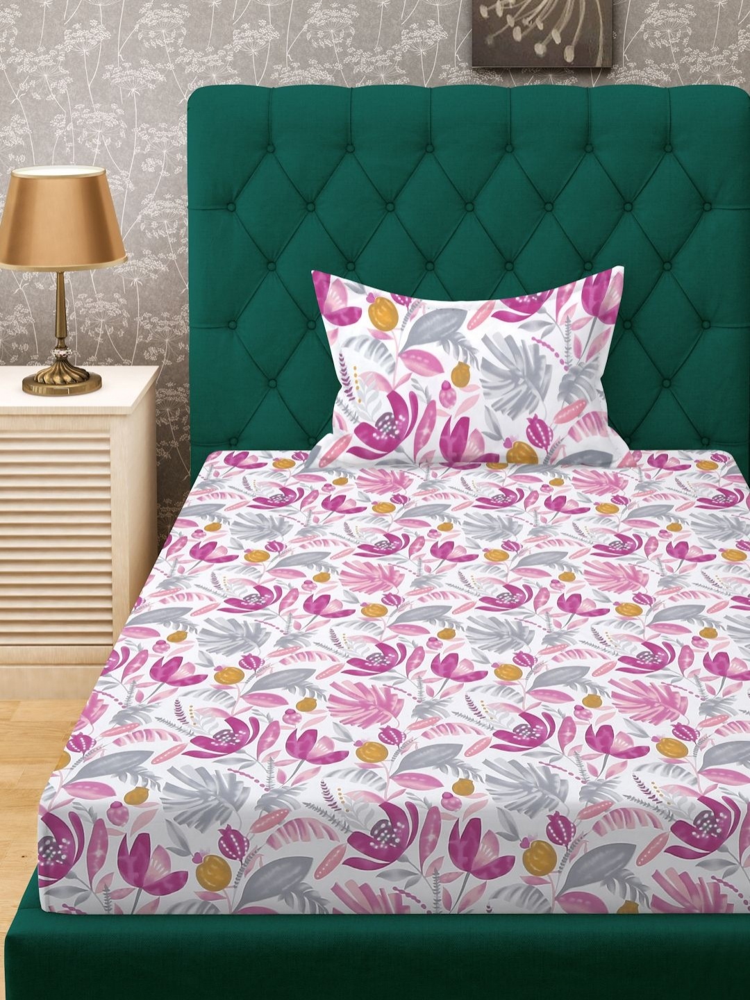 

KLOTTHE Purple & Grey Floral Printed 300 TC Fitted Single Bedsheet - 2.25 m x 1.50 m