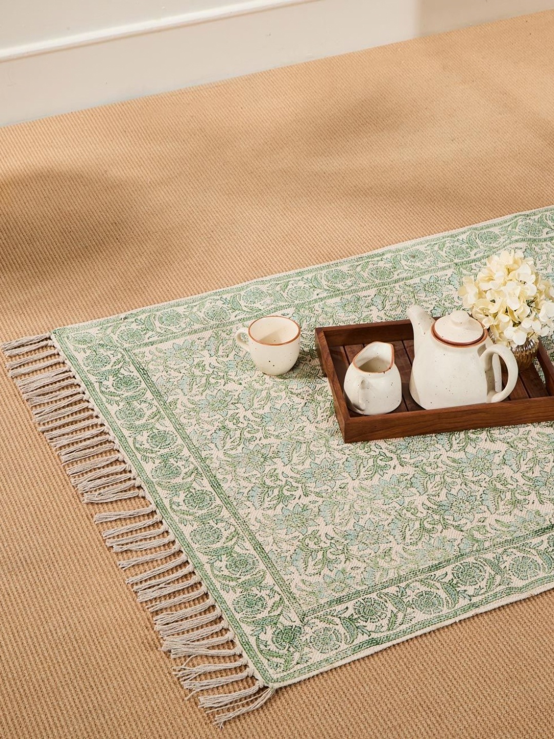 

Fabindia Beige & Green Printed Rectangular Dhurrie