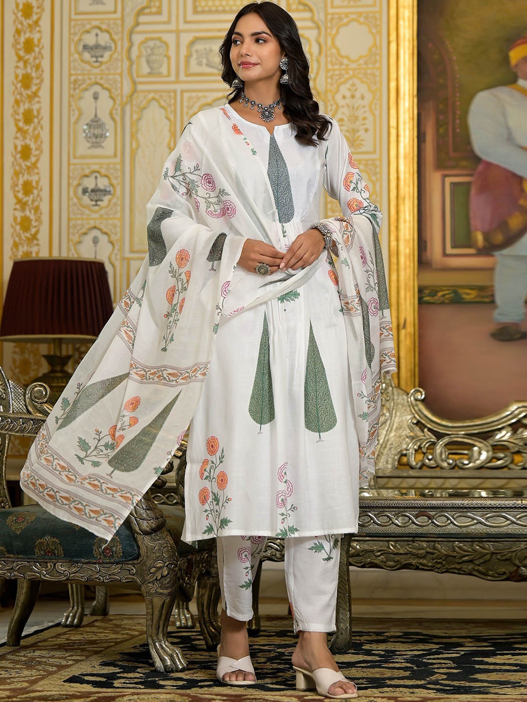 

KALINI Women Floral Printed Regular Kurta with Trousers & With Dupatta, White