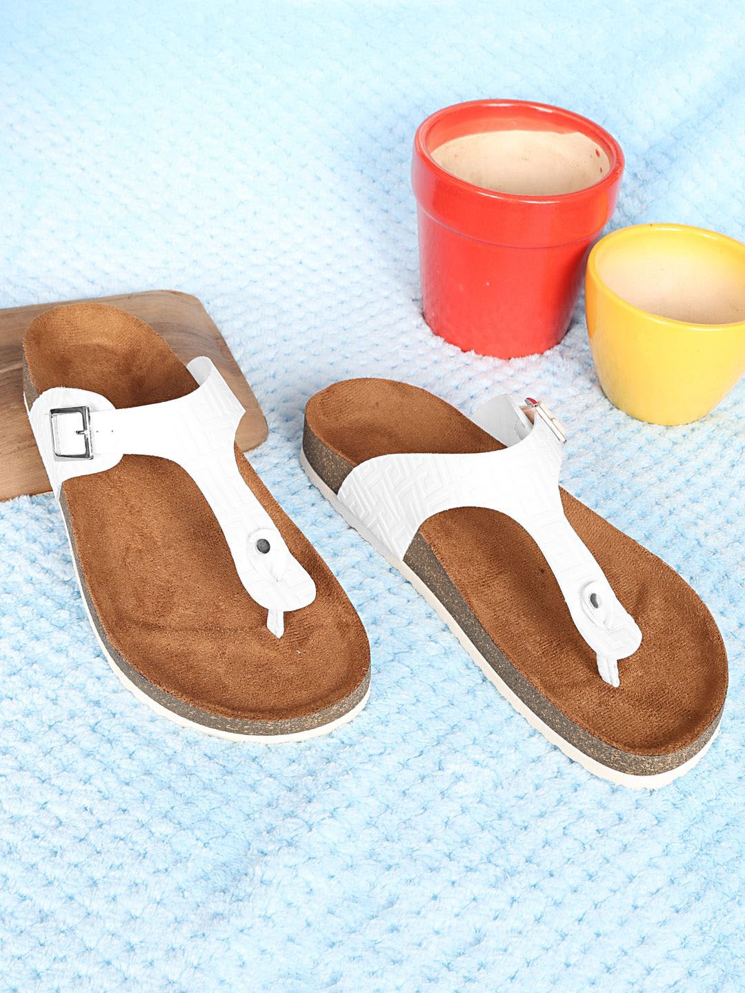

MOZAFIA Women T-Strap Flats with Buckles, White