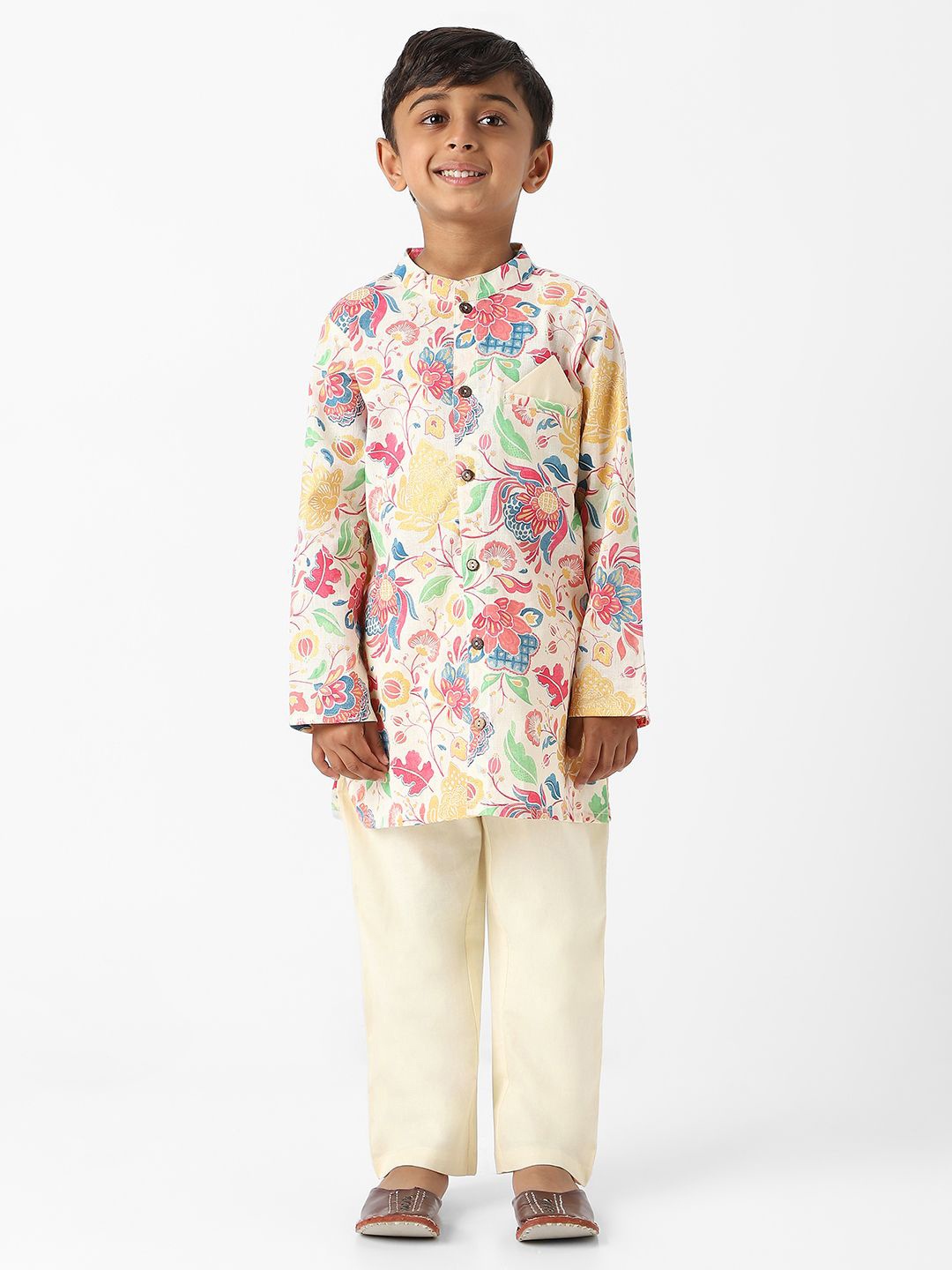 

Nauti Nati Boys Floral Printed Regular Pure Cotton Kurta with Pyjamas, Pink