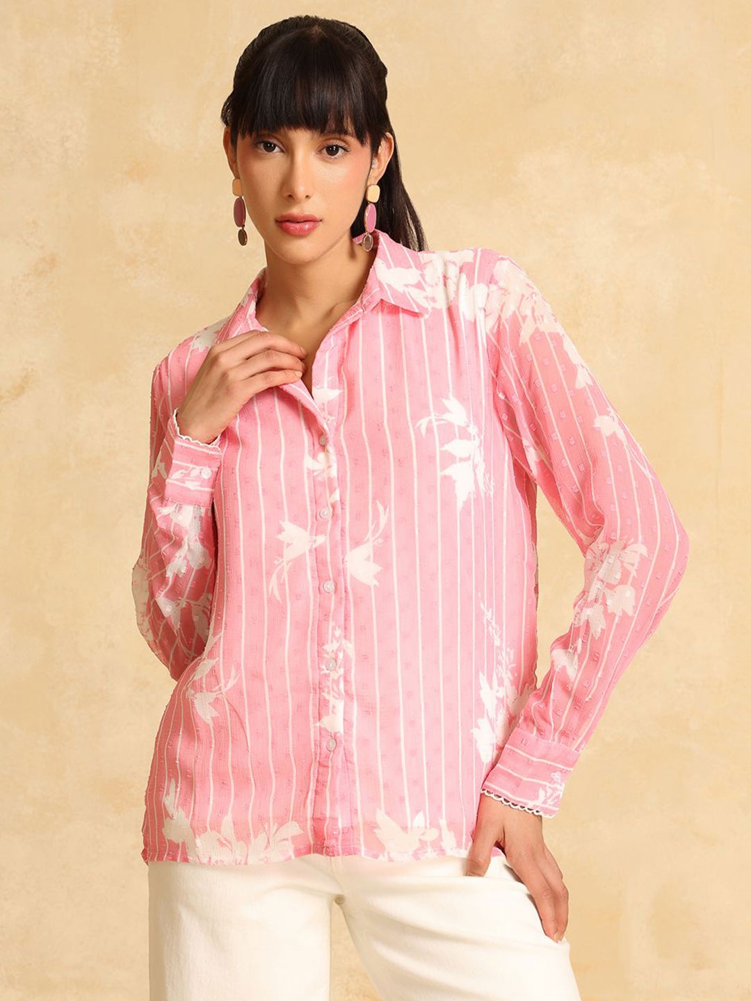 

Kazo Women Semi Sheer Printed Formal Shirt, Pink