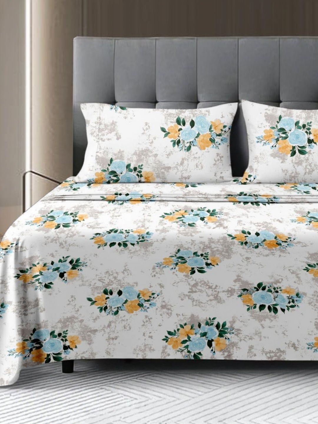 

Jaipur Weaves Blue & Yellow Floral 300 TC King Bedsheet with 2 Pillow Covers