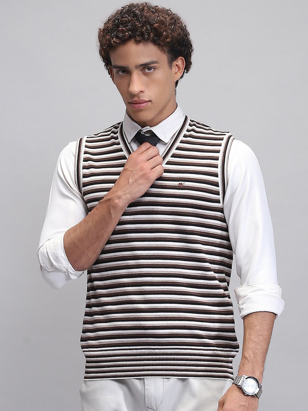 

Monte Carlo Men Striped Woollen Sweater Vest, Brown