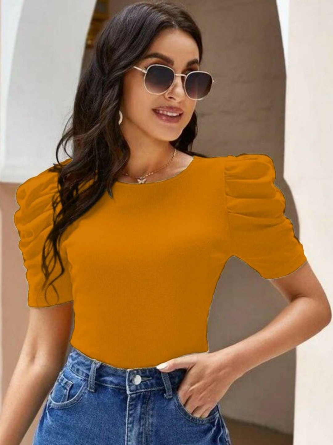 

NiloBerry Puff Sleeve Crop Top, Mustard
