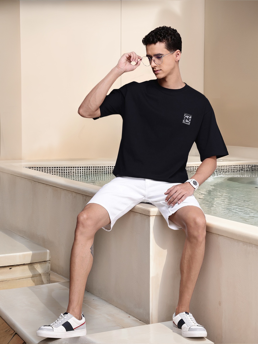 

Nautica Men Brand Logo Printed Drop-Shoulder Sleeves Pure Cotton T-shirt, Black