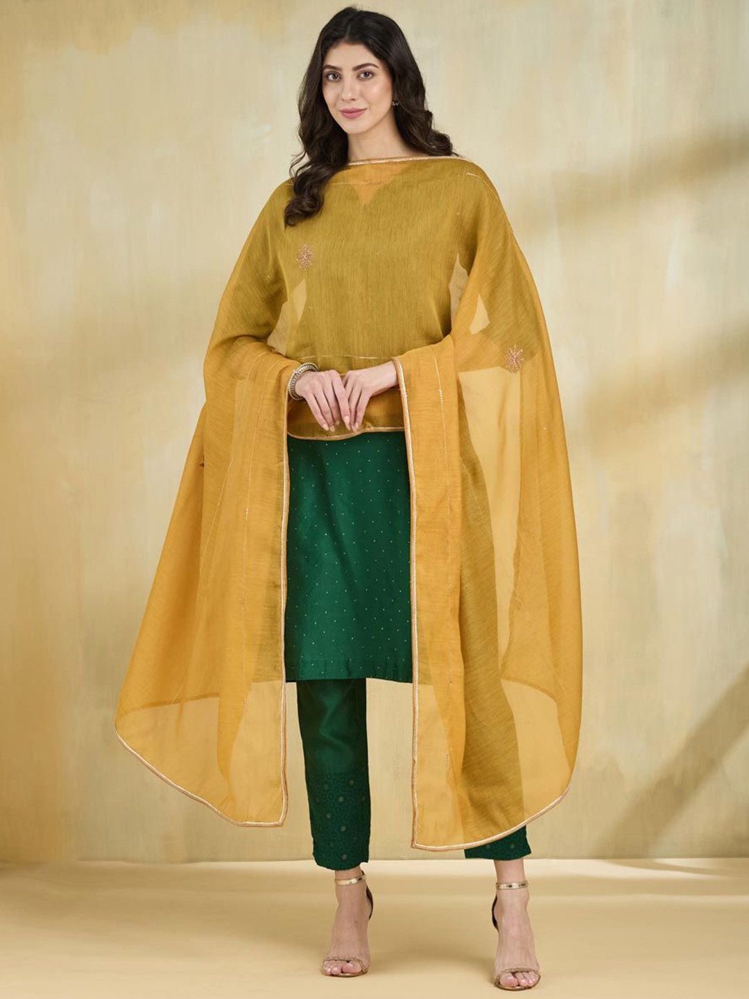 

Fabindia Embroidered Cotton Silk Dupatta, Mustard