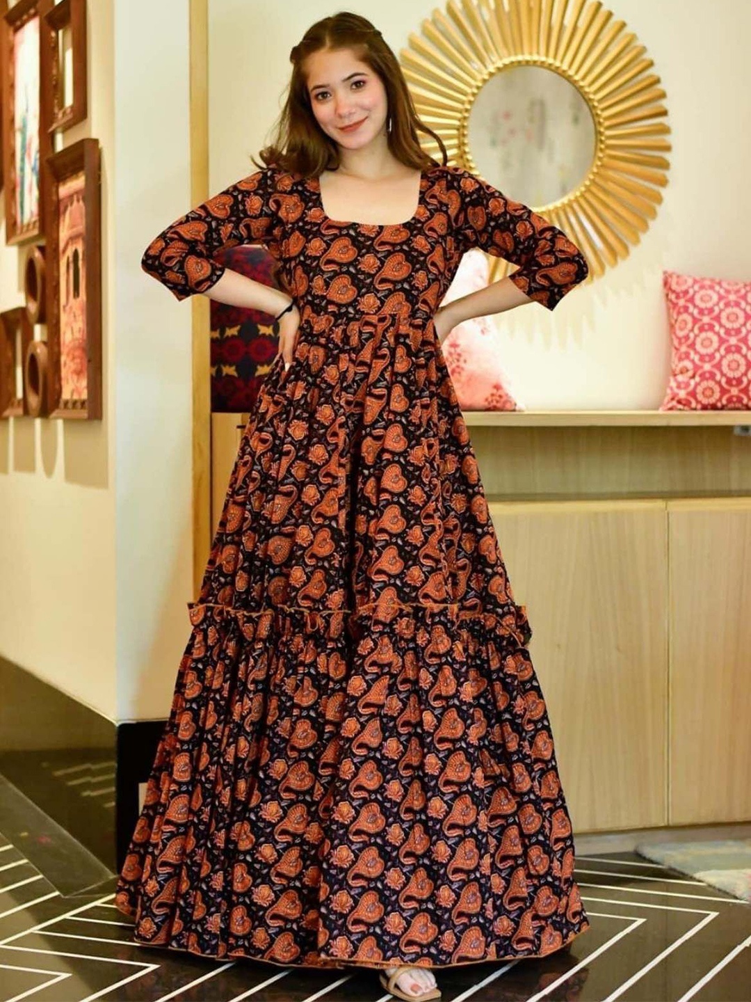 

ODETTE Women Black & Orange Printed Cotton Silk Stitched Gown