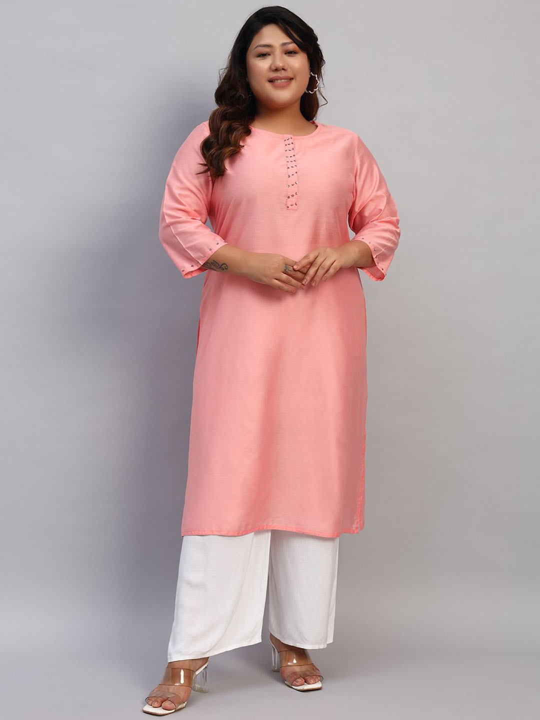 

Rudraaksha Creations Women Dyed Flared Sleeves Thread Work Kurta, Pink
