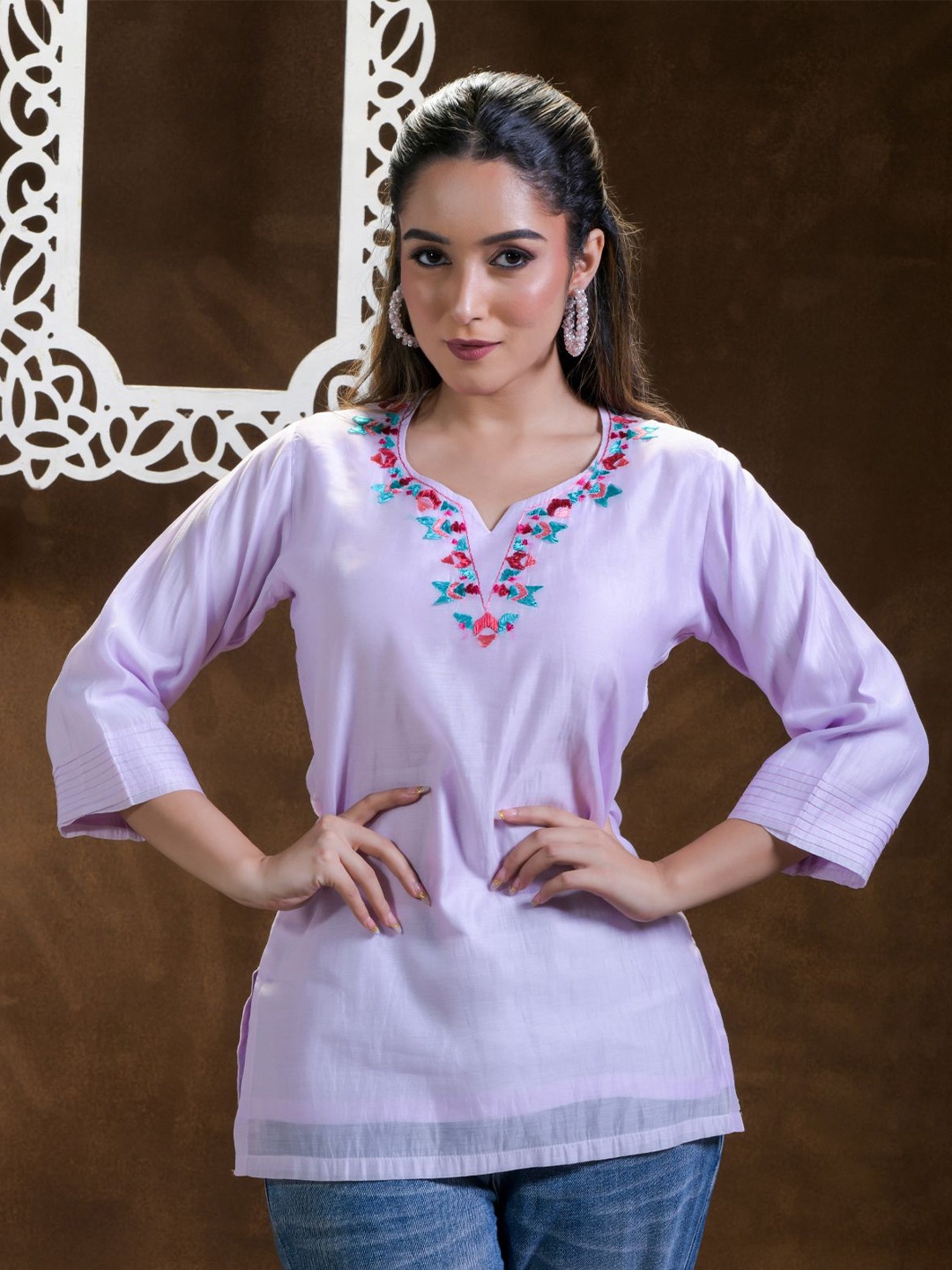 

Phulkari Forever Embellished Embroidered Pure Silk Top, Lavender
