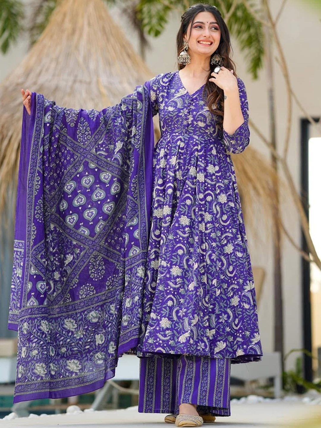 

Idaho Clothing Women Floral Printed Angrakha Pure Cotton Kurta with Palazzos & With Dupatta, Purple
