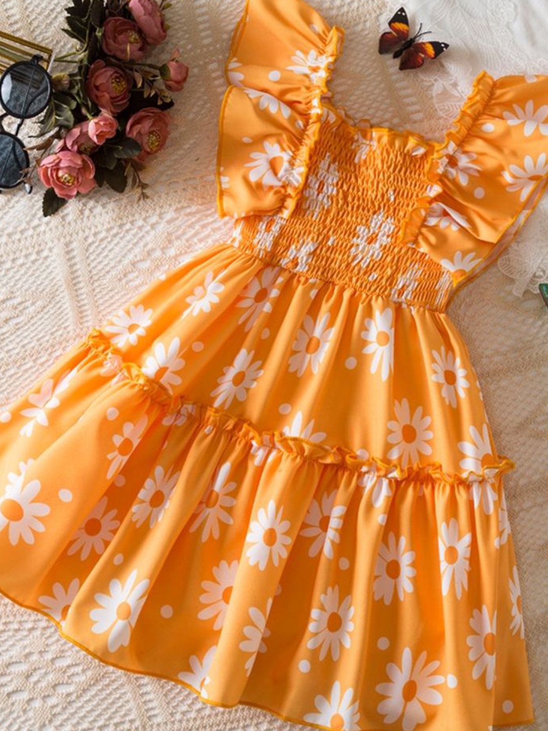 

LULU & SKY Floral Print Flutter Sleeve Peplum Maxi Dress, Orange