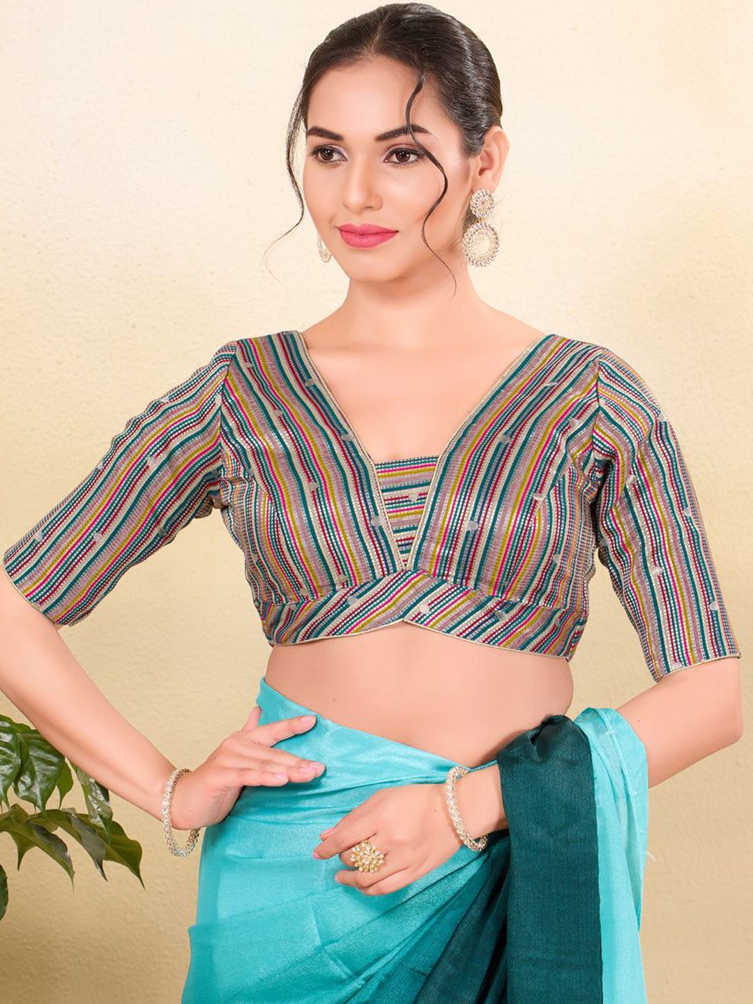 

VAMAS - THE DESIGNER BLOUSES Women V-Neck Padded Saree Blouse, Blue