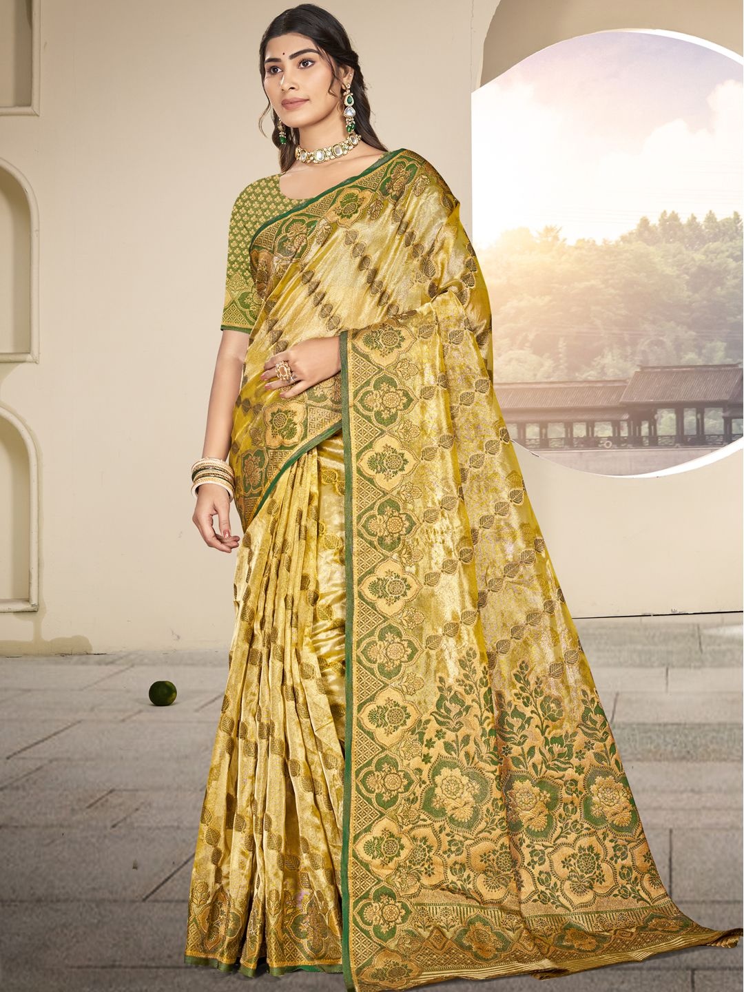 

SANGAM PRINTS Floral Zari Organza Designer Tussar Saree, Yellow