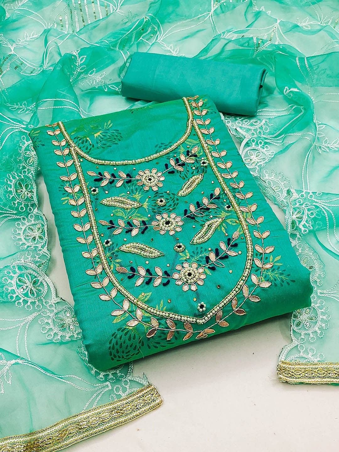 

SHADOW & SAINING Embellished Semi-Stitched Dress Material, Sea green
