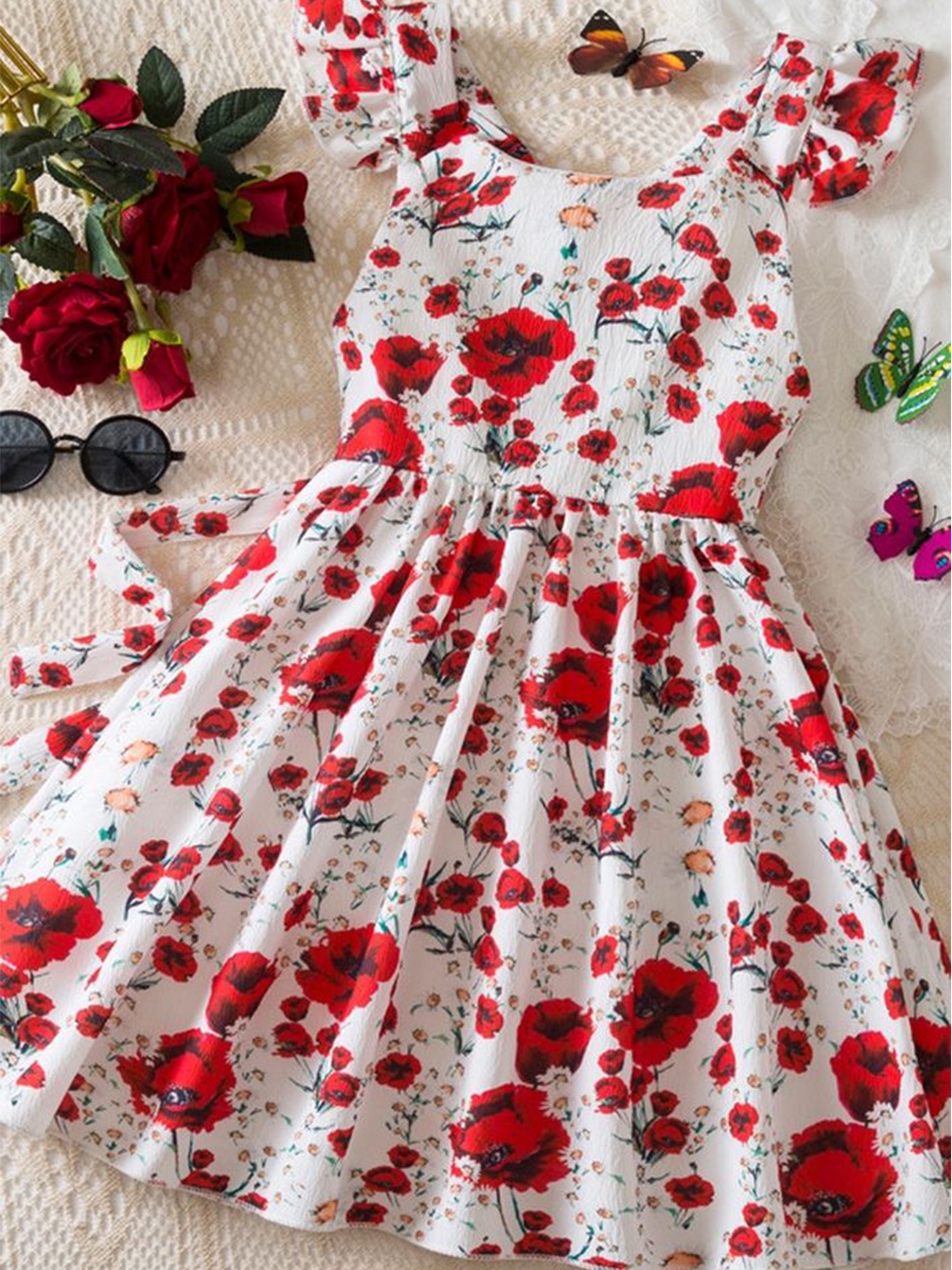 

LULU & SKY Floral Print Flutter Sleeve Fit & Flare Dress, White