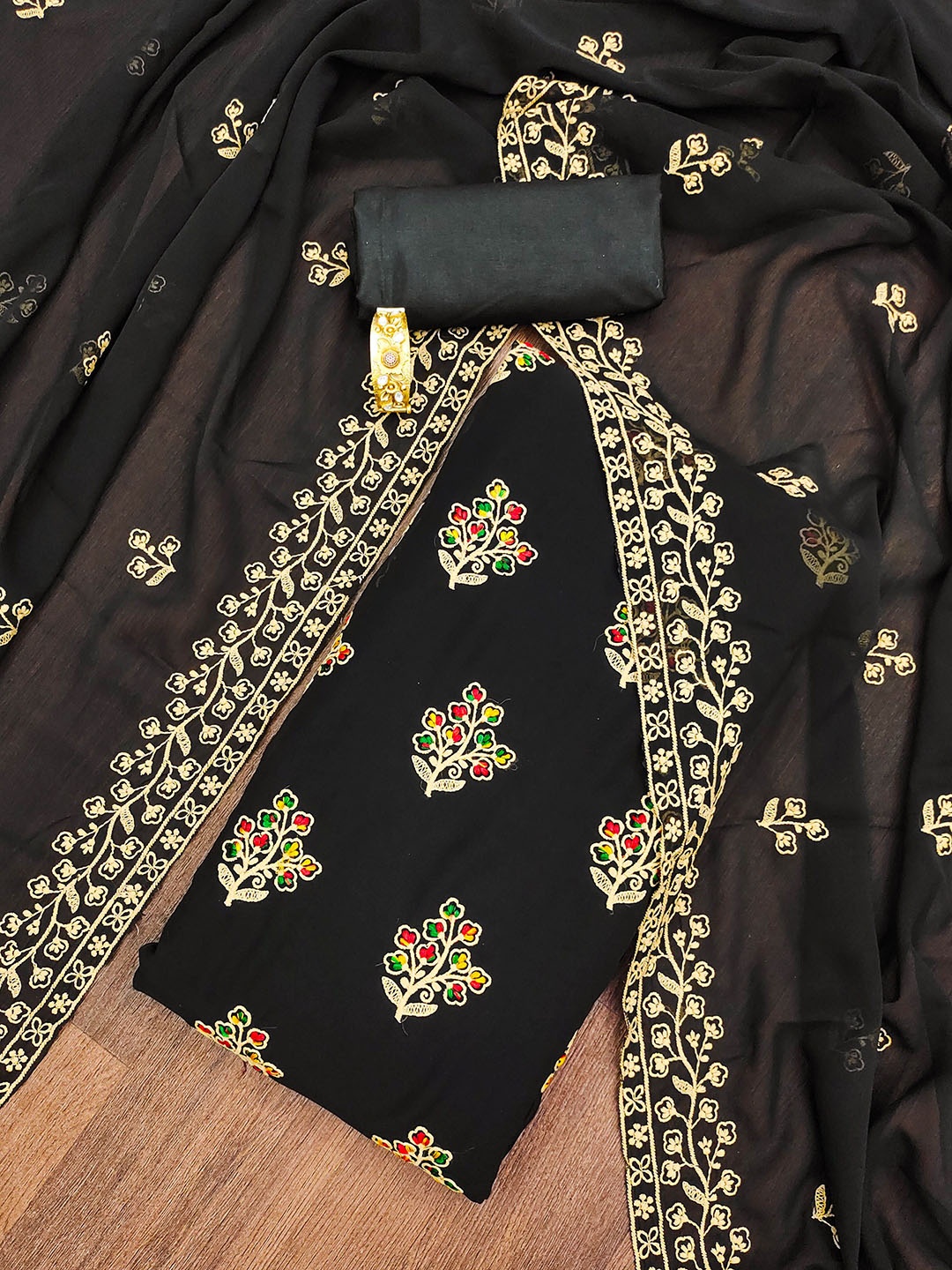 

SHADOW & SAINING Embroidered Silk Georgette Unstitched Dress Material, Black