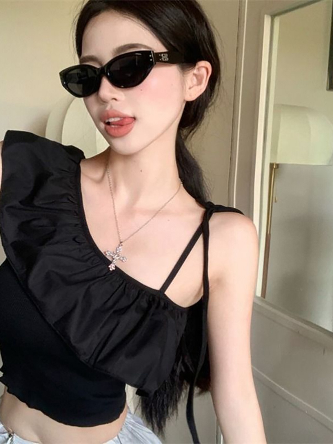 

StyleCast x Revolte One Shoulder Ruffles Crop Top, Black