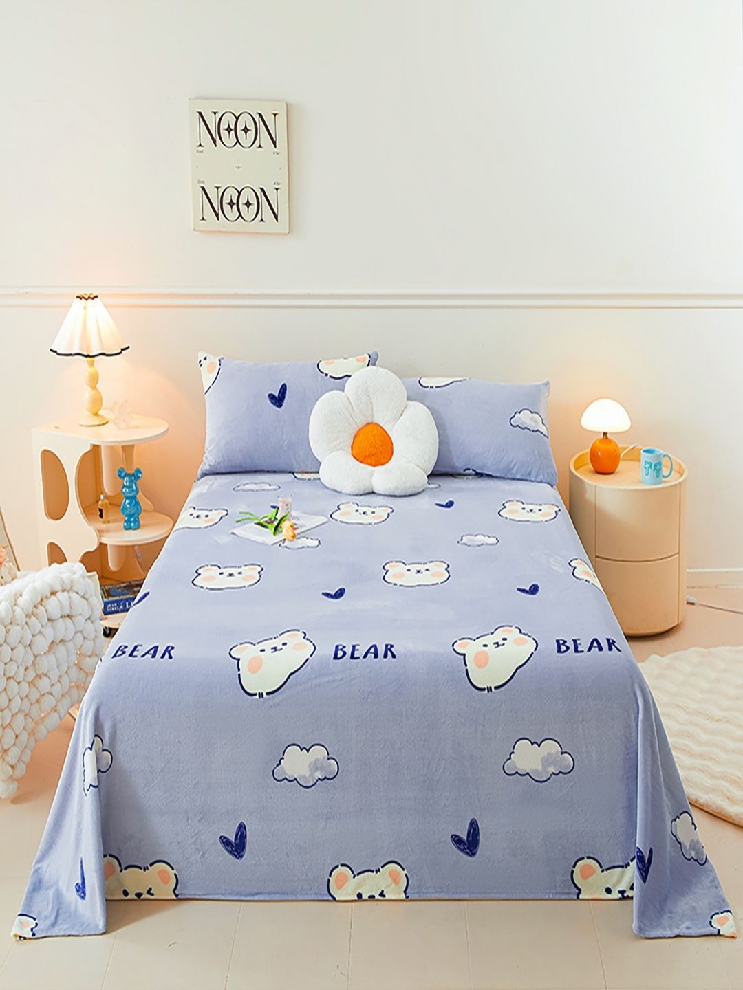 

JC HOME Blue & White Cartoon Characters 150 TC Single Bedsheet with 1 Pillow Covers