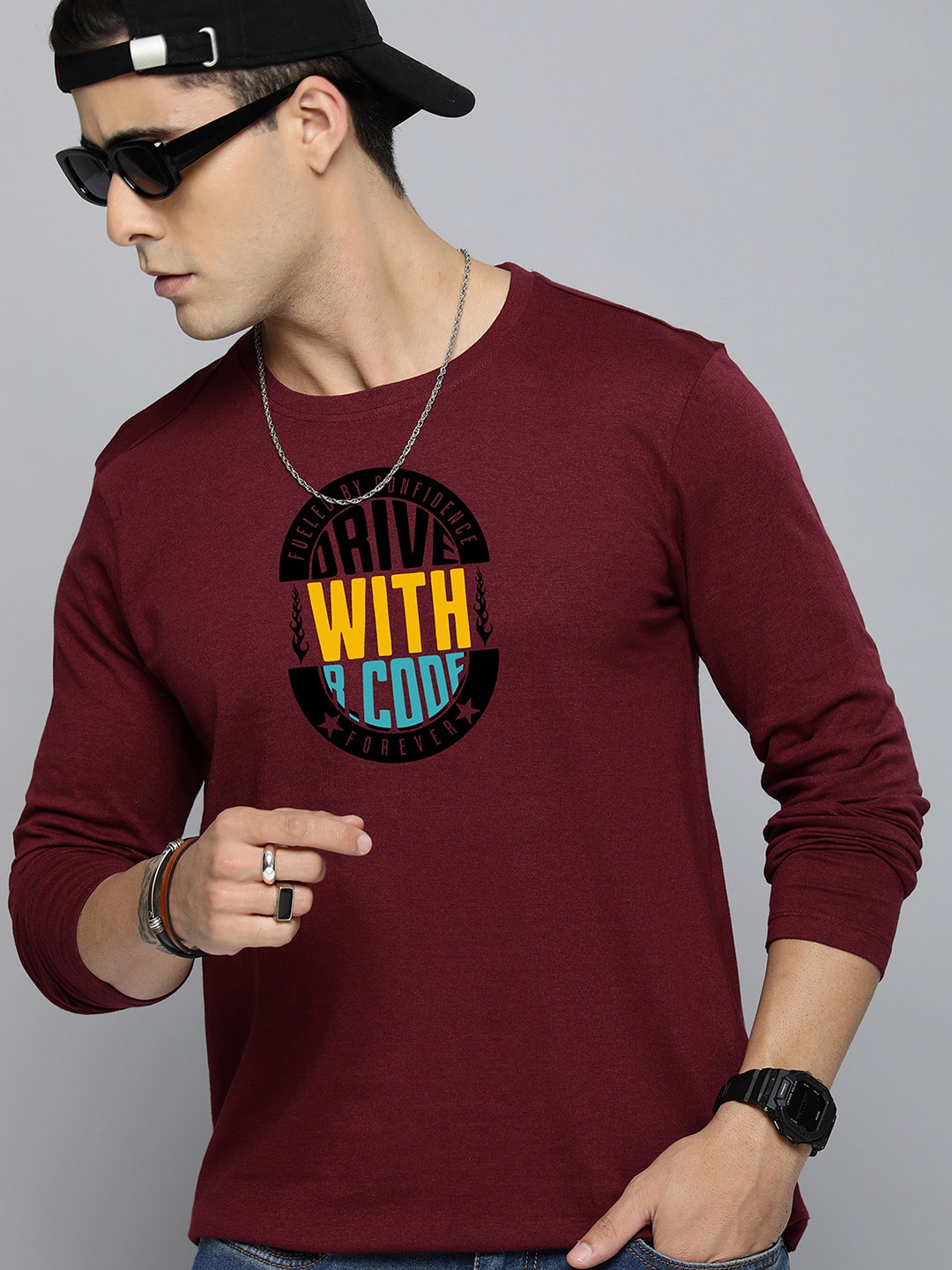 

R.Code by The Roadster Life Co. Men Printed T-shirt, Burgundy