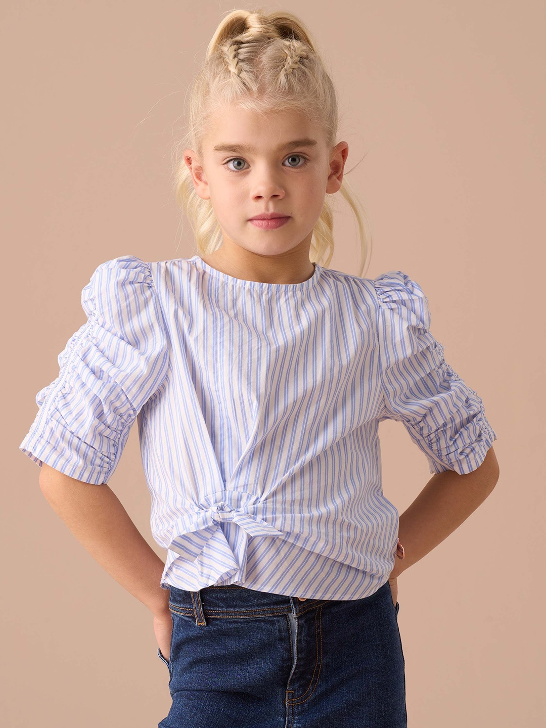 

Angel & Rocket Striped Puff Sleeve Cotton Top, Blue