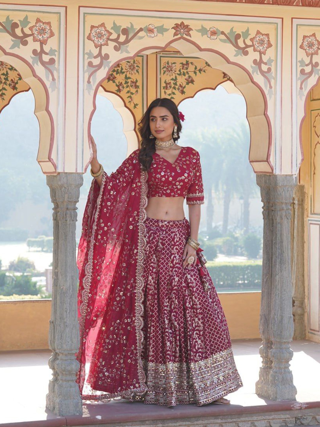 

ZIBLON Sequinned Ready to Wear Lehenga & Unstitched Blouse With Dupatta, Red