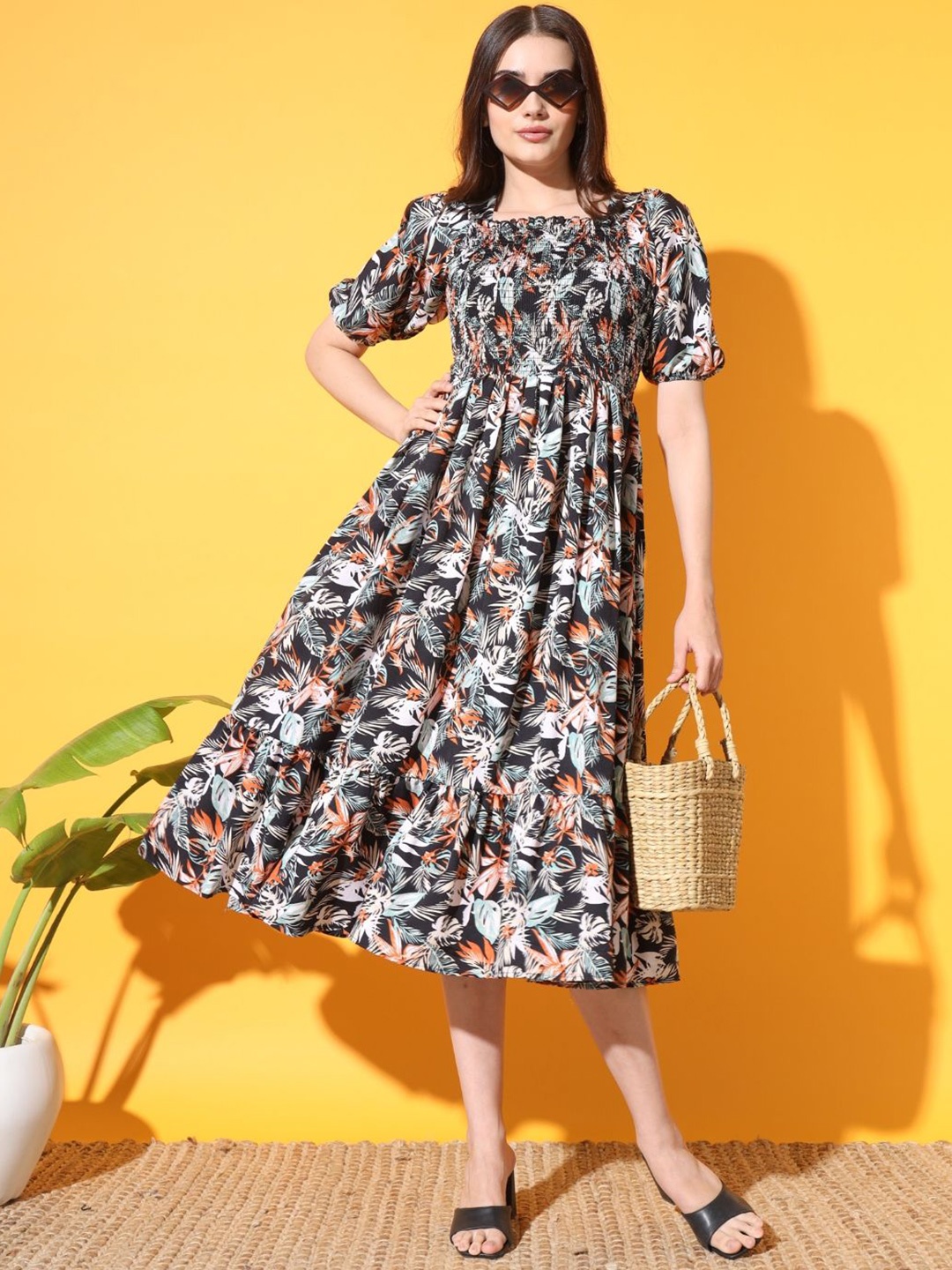 

ZWERLON Print Puff Sleeve A-Line Midi Dress, Multi