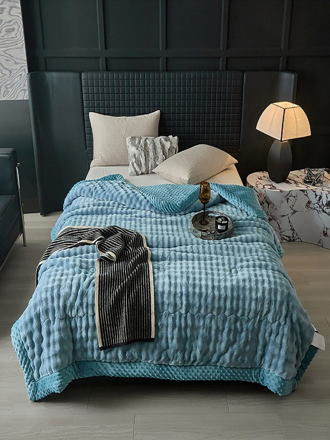 

JC HOME Blue & White Striped Mild Winter Double Bed Blanket