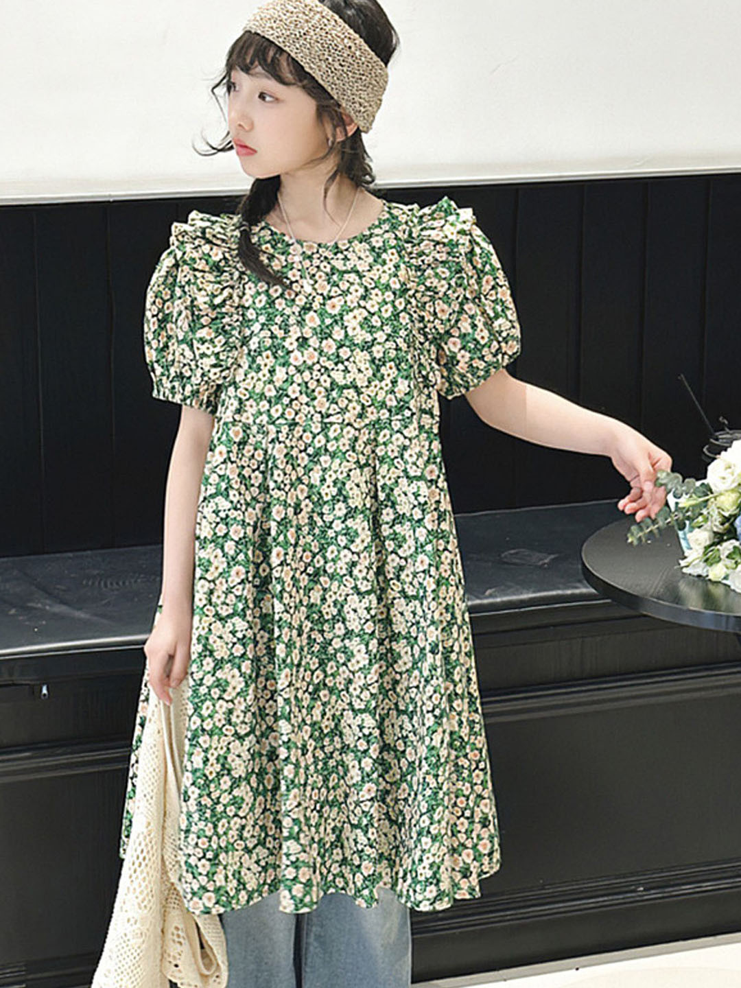 

LULU & SKY Floral Print Puff Sleeve A-Line Dress, Green