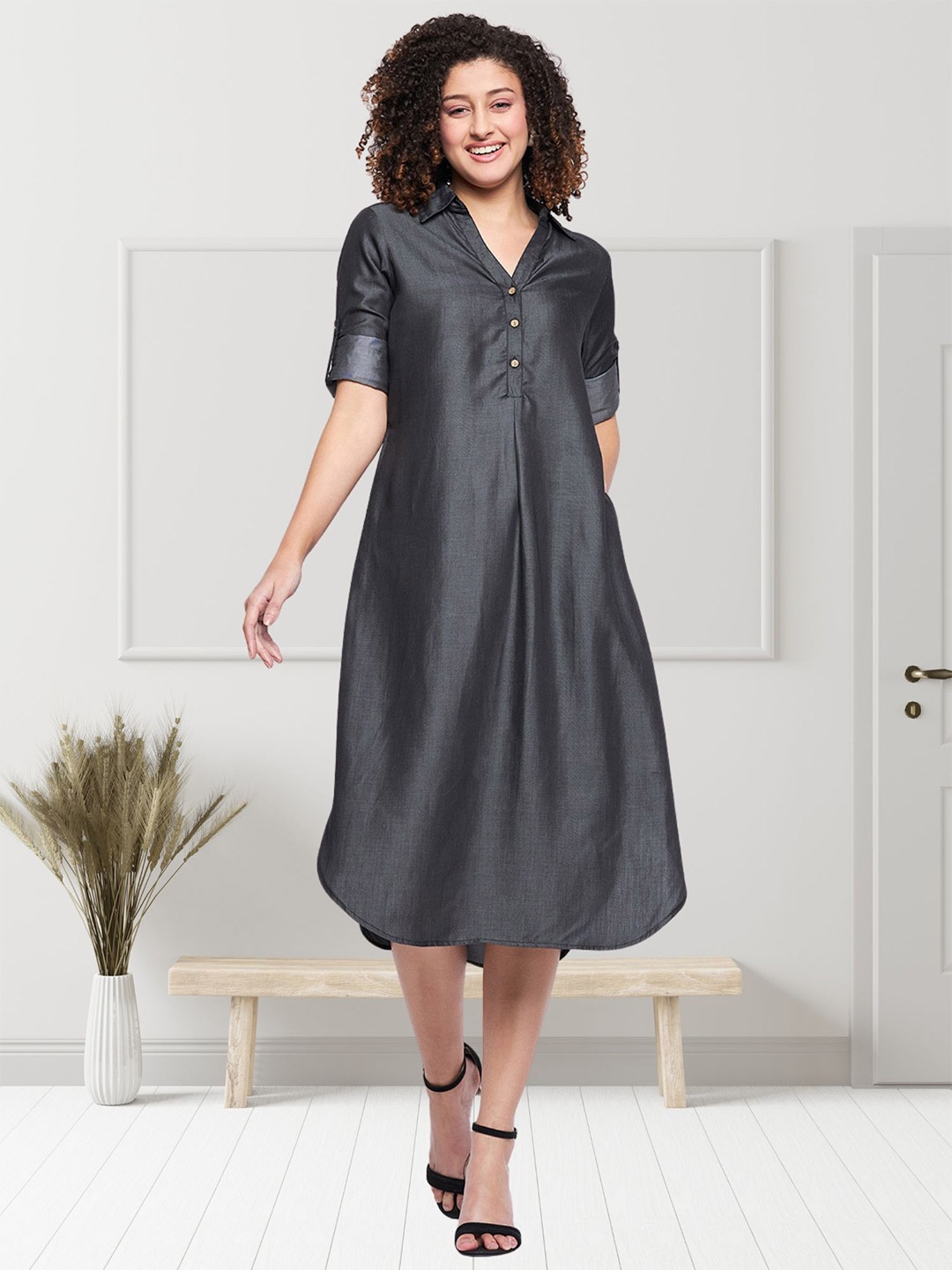 

DressBerry Denim A-Line Midi Dress, Black
