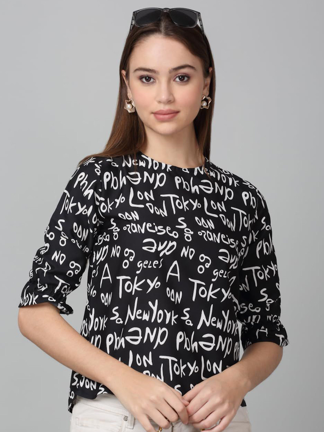 

SZN Print Roll-Up Sleeves Top, Black
