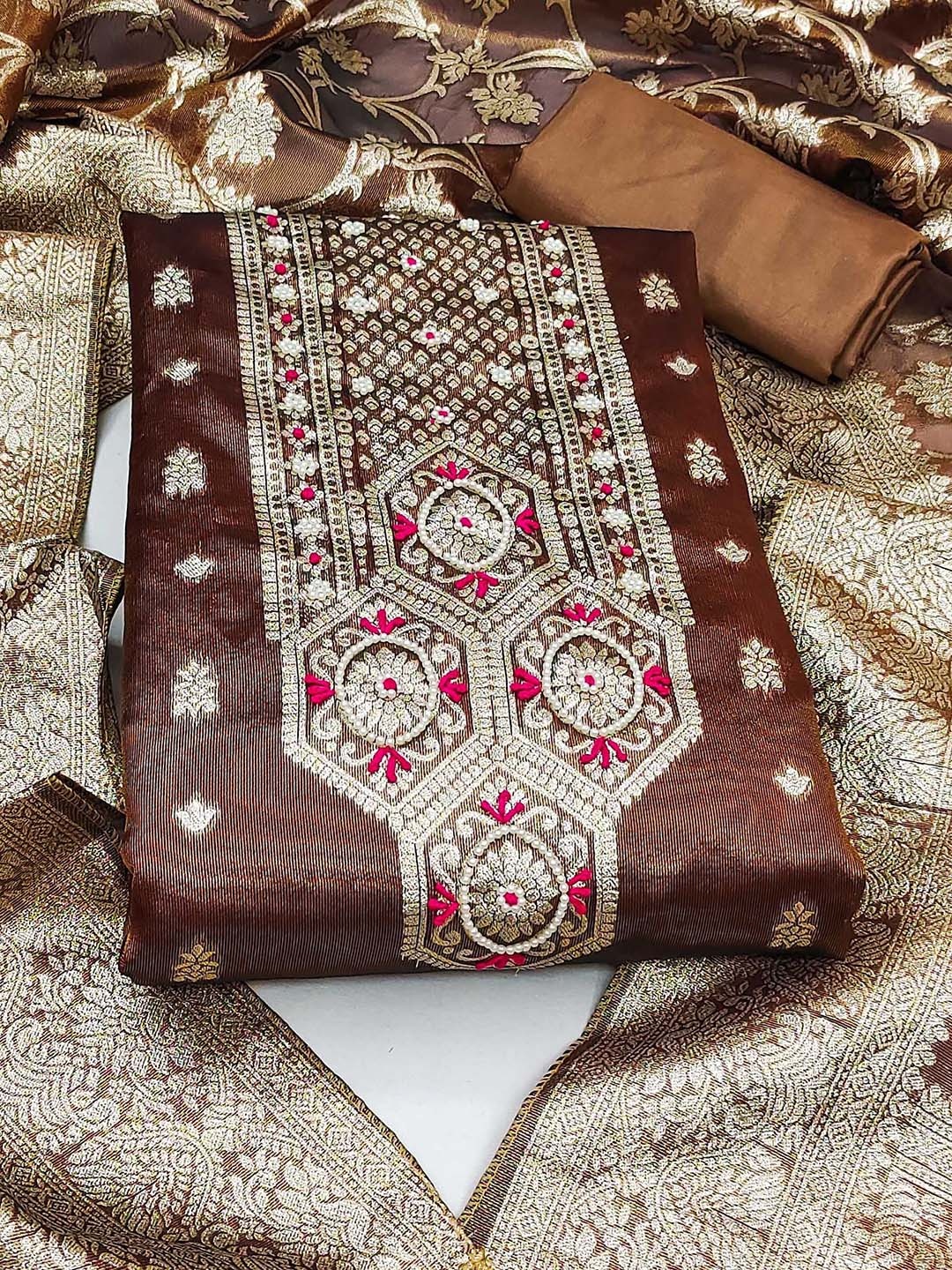 

SHADOW & SAINING Embellished Semi-Stitched Dress Material, Brown