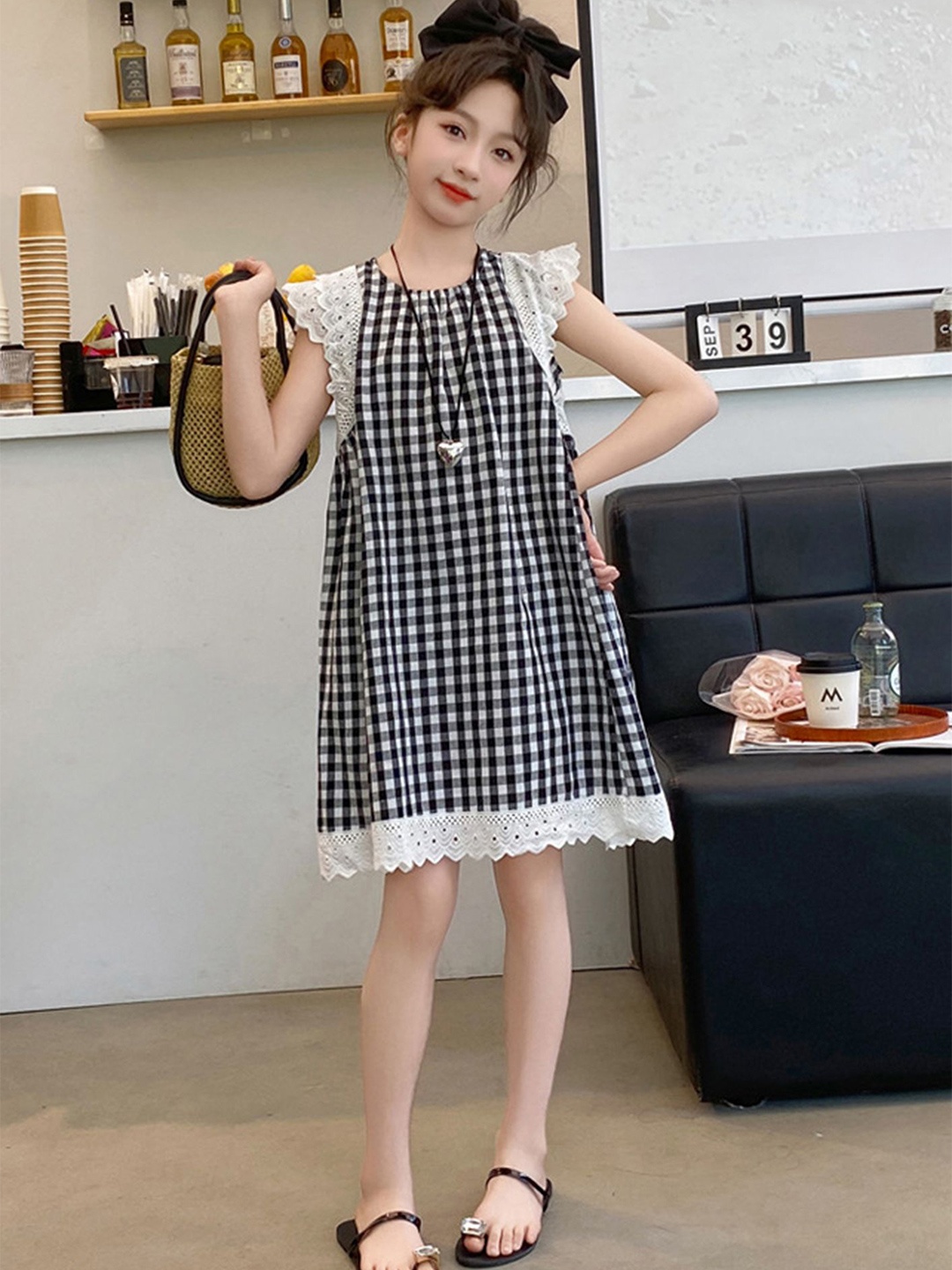 

LULU & SKY Checked Tie-Up Neck A-Line Dress, Black