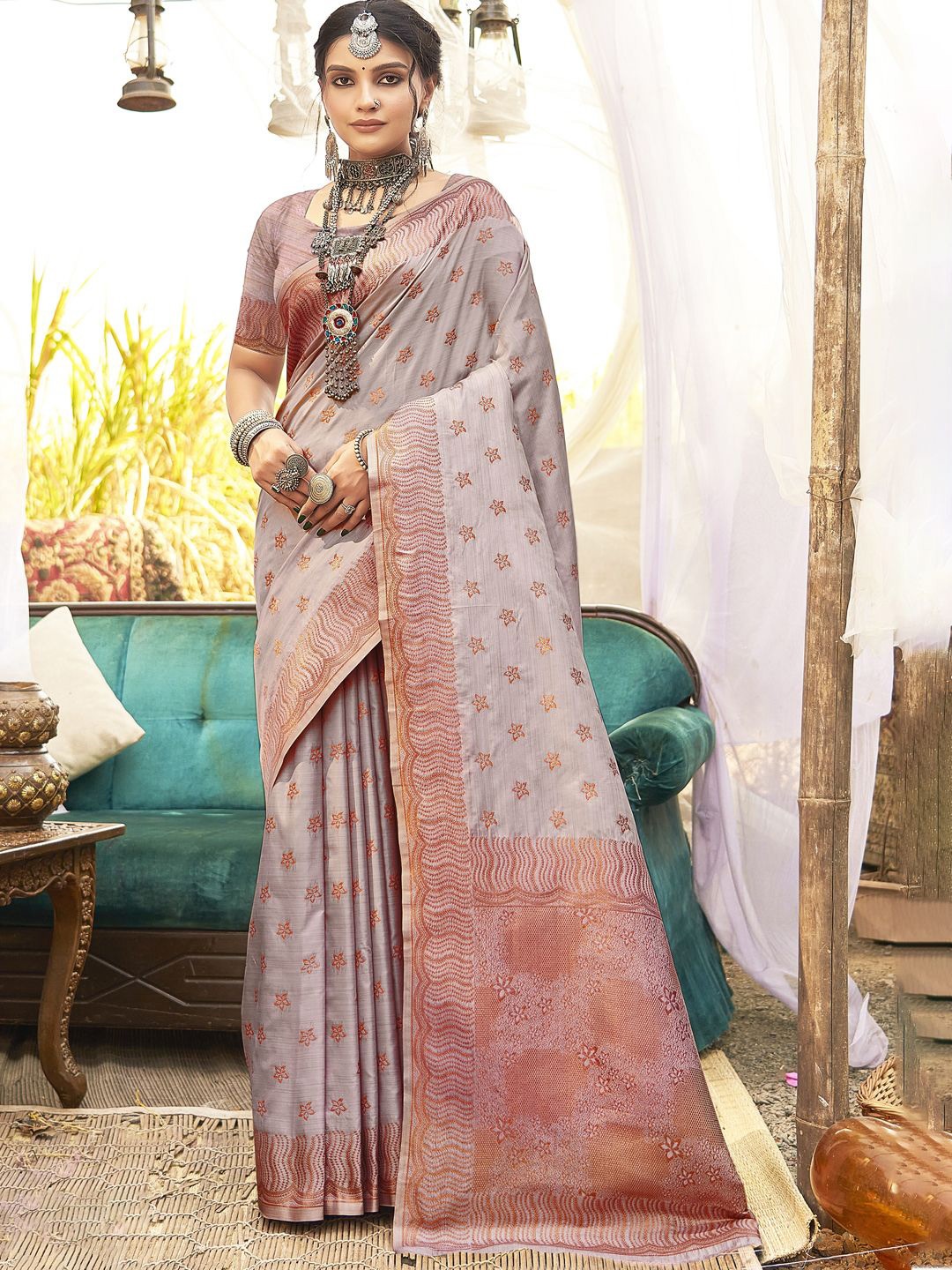 

SANGAM PRINTS Woven Design Zari Silk Blend Designer Tussar Saree, Grey