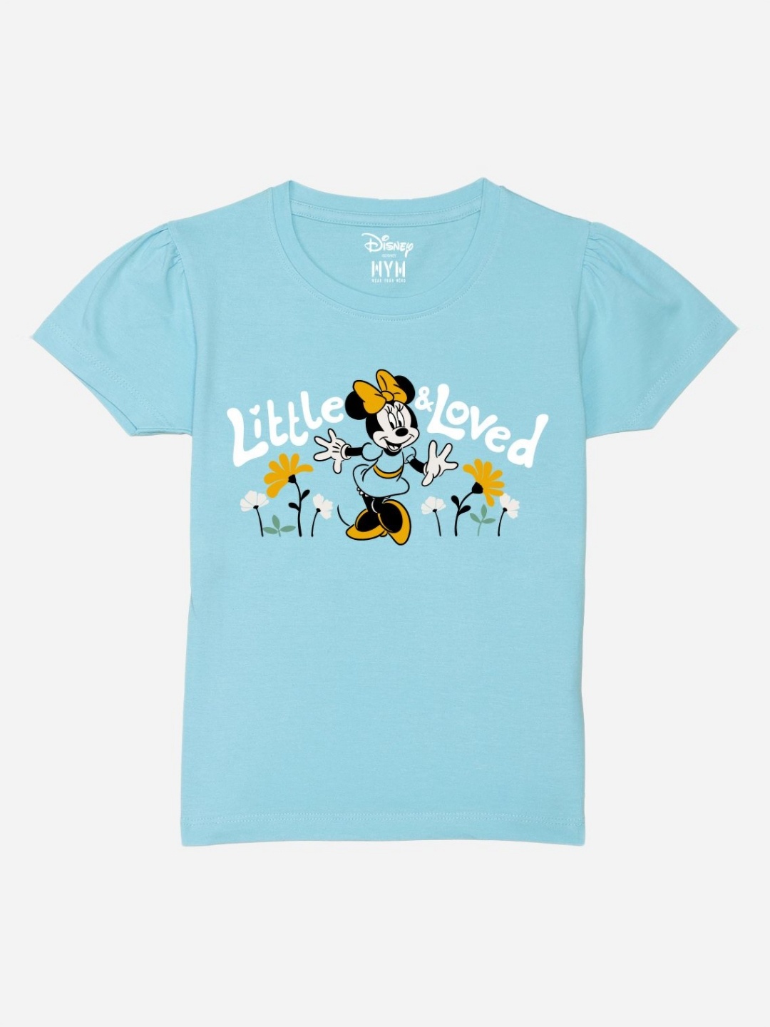 

Wear Your Mind Girls Minnie Mouse Printed Puff Sleeves Pure Cotton Applique T-shirt, Blue