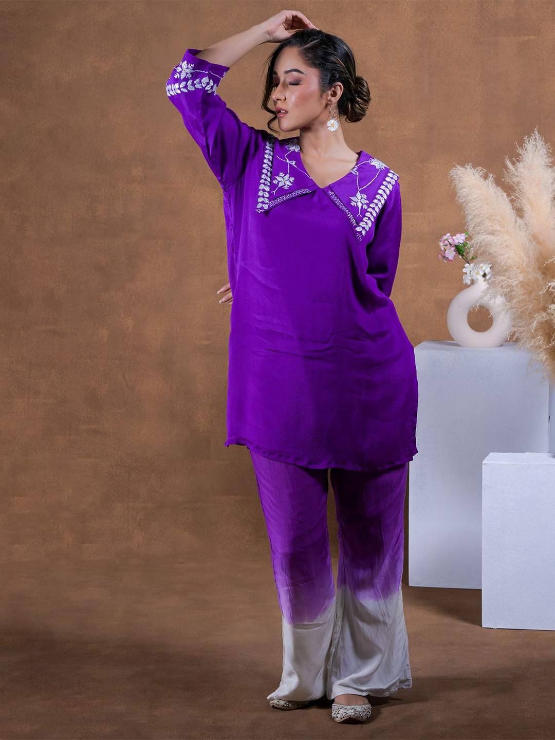 

Phulkari Forever Embellished Embroidered Kimono Sleeve Chiffon Top, Violet