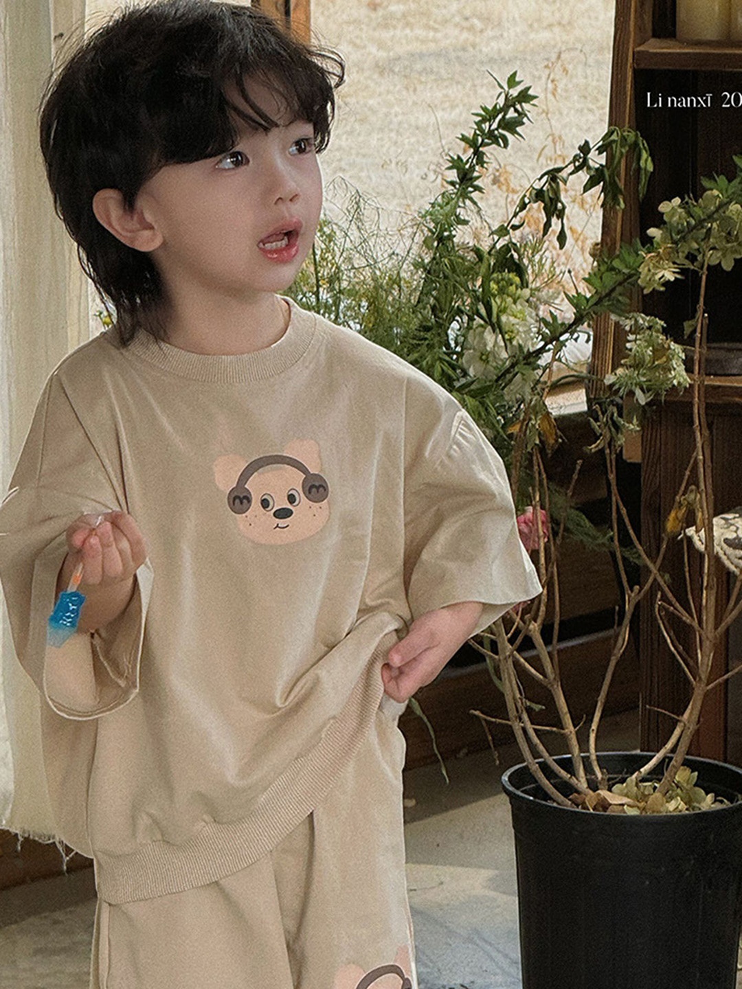 

LULU & SKY Boys Striped Henley Neck Extended Sleeves Organic Cotton Pockets T-shirt, Beige