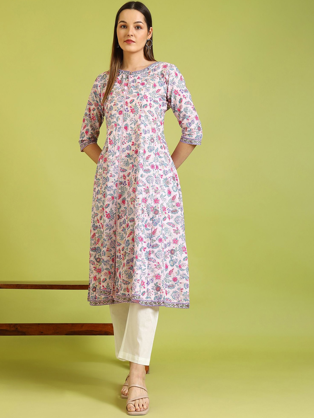 

W Women Floral Printed Regular Pure Cotton Kurta with Trousers, Pink