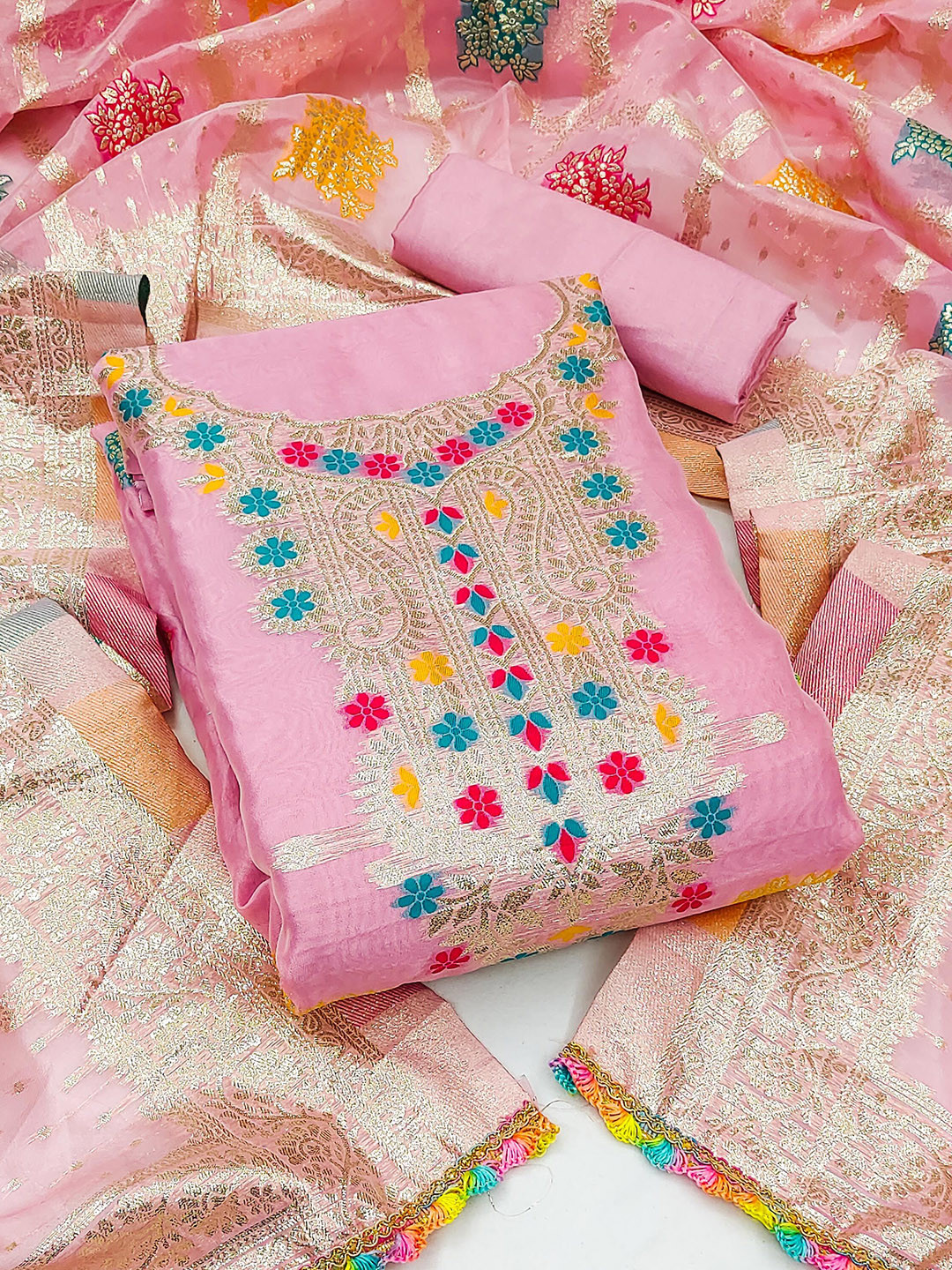 

SHADOW & SAINING Organza Semi-Stitched Dress Material, Pink